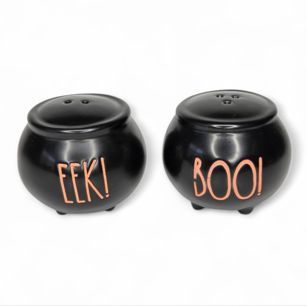 Rae Dunn Black‎ Halloween Cauldron Salt and Pepper Shakers BOO and EEK
